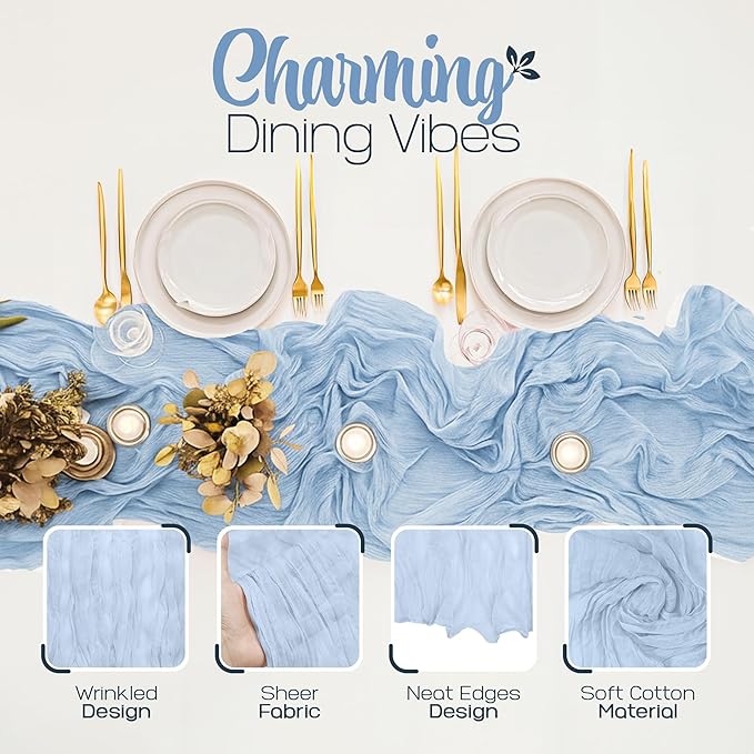 12 Pack Dusty Blue Cheesecloth Table Runners 10FT Long – 35 x 120 Inch Boho Gauze Table Runners for Engagement, Wedding, Baby Shower & Home Decor – Soft Wrinkled Polyester Fabric