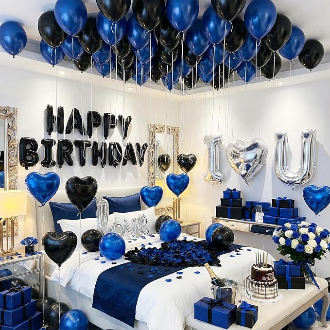 Blue Black Silver Balloons with I LOVE YOU & HAPPY BIRTHDAY Foil Balloons & Rose Petals for Romantic Special Night, Anniversary, Valentine Day, Birthday Decorations for Him, Bedroom, Hotel Room