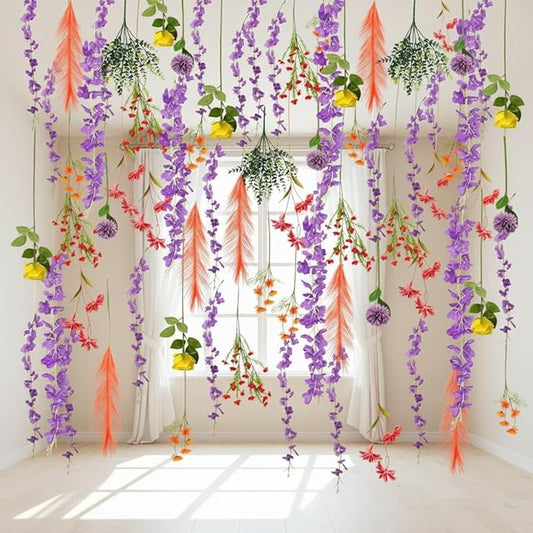Hotop 10 Pcs 130 FT Hanging Flower Garlands, Artificial Wildflower Vine Decor Ceiling Floating Floral Hanging Backdrop Silk Fake Daisy Rose Lily Eucalyptus Dandelion for DIY Wedding Home Wall Arch