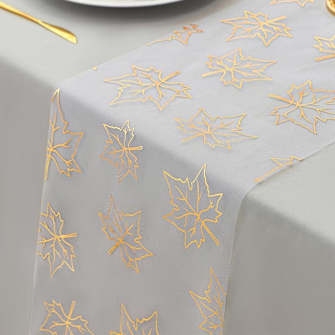 Snowkingdom 2 Pcs Gold Table Runner, Gold Maple Leaves Fall Thanksgiving Table Decorations for Autumn Harvest Sequin Glitter Lightweight White Thin Mesh Sparkle Farmhouse Dining Party Decor 108 Inch