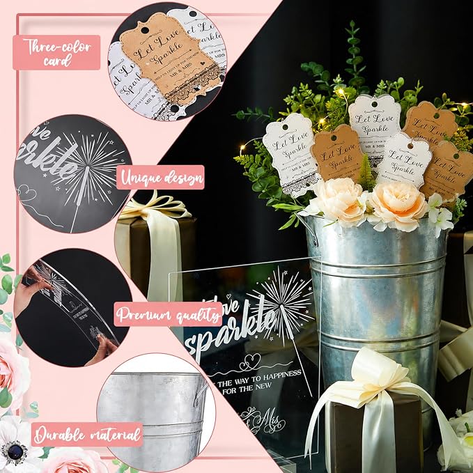 Henoyso 153 Pcs Wedding Send Off Set, 150 Lace Wedding Tags, 2 Pack 12.2 Inch Galvanized Metal Buckets, 1 Acrylic Send Off Sign with Stand for Party Decorations(Silver)