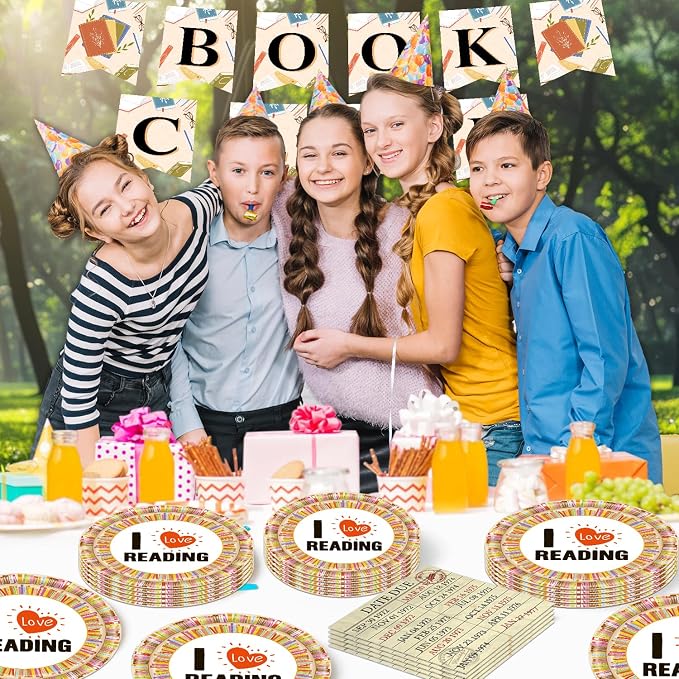 142 Pcs Vintage Book Theme Party Tableware Book Club Birthday Party Supplies Library Reading Themed Disposable Plates Napkins Cups and Forks Set