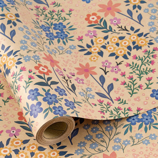 RUSPEPA Kraft Floral Wrapping Paper Roll for Girls Women, Mini Roll, Garden Flower Design, Wildflower Kraft Gift Wrap for Birthday, Spring, Summer, Mother's Day, Bridal Shower, 17 Inches x 9.8 Feet