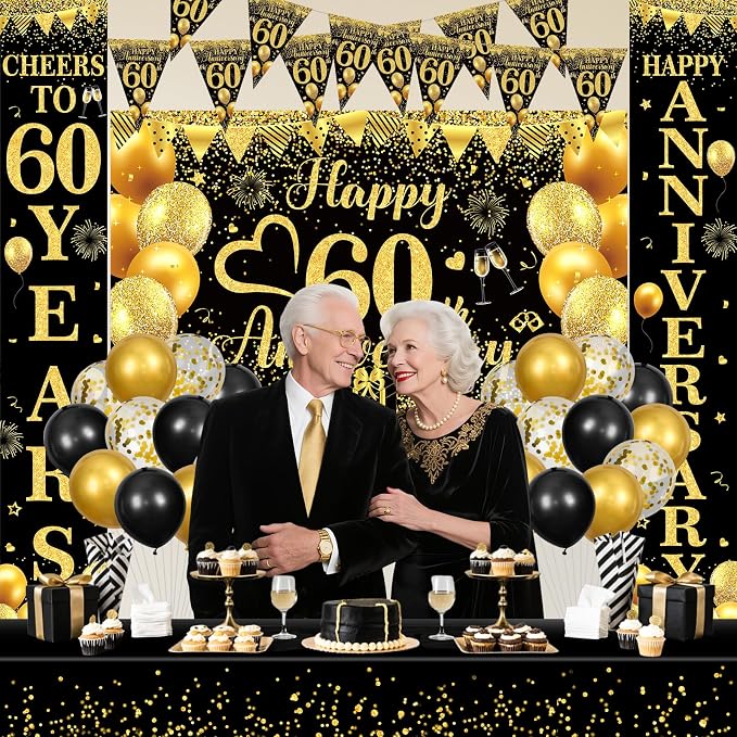 Black Gold Happy 60th Anniversary Decorations for Men Women, Black Gold 60th Wedding Anniversary Party Decorations Banner, Porch Banner, Triangle Flag, Tablecloth and Balloons Kit Party Supplies