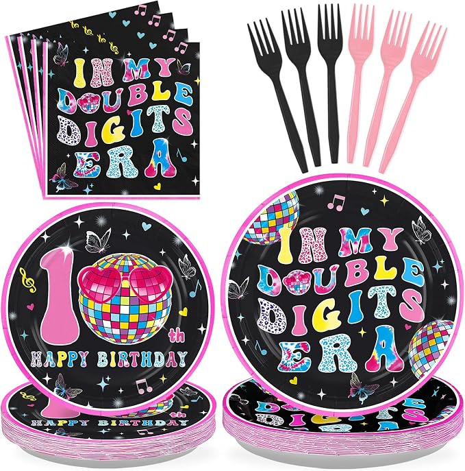 96Pcs 10th Birthday Party Decoration In My Double Digits Era Plates and Napkins Double Digits Tableware Set for Girls’ 10-Year-Old Birthday Party Supplies, Serves 24