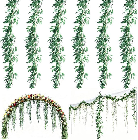 6 Pack 6 ft Artificial Willow Leaves Vine Garland, Hanging Greenery Twig Wicker, Fake Silk Green Leaf Rattan, Plant Faux Ivy, Wedding Garland, for Garden Arch Party Table Centerpiece