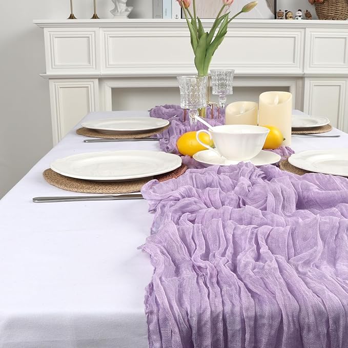8 Pack Lilac Purple Cheesecloth Table Runner 10ft Boho Gauze Fabric 120 Inch Cheese Cloth Table Runner Rustic Sheer for Spring Holiday Baby Shower Party Décor Home Wedding Decoration