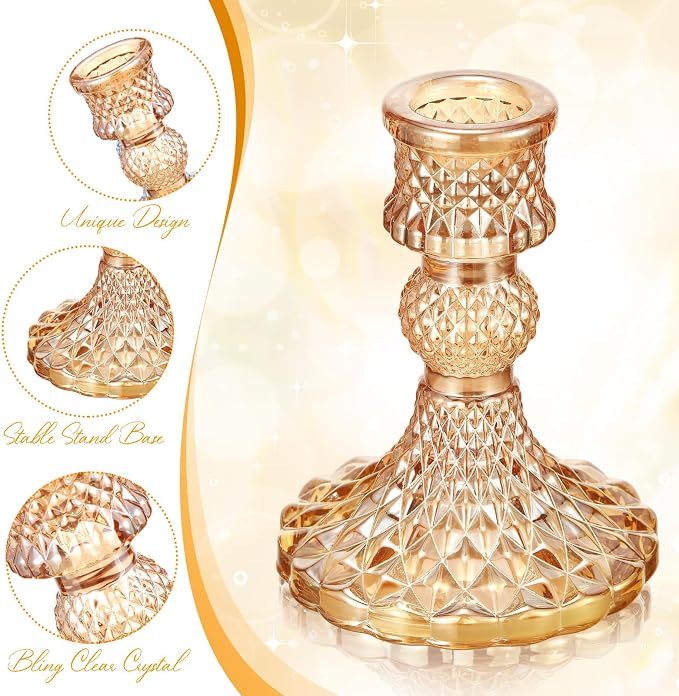 Sieral 24 Pcs Gold Taper Candle Holders 4'' Tall Candlestick Glass Holders Bulk Crystal Decorative Stand Wedding Stick Holder for Anniversary Party Dining Table Festival Decor