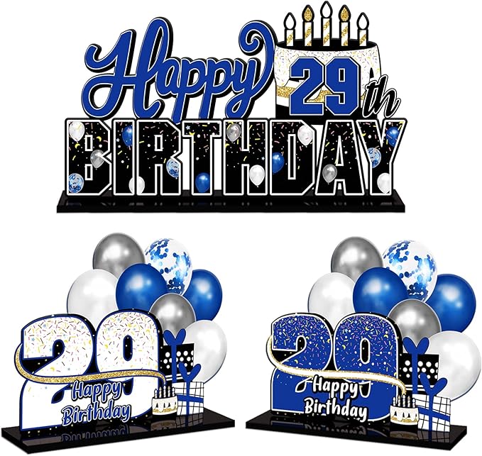 LINGTEER Happy 29th Birthday Blue Acrylic Table Topper Centerpieces Set - Cheers to 29 Years Old Birthday 29th Bday Party Gift Decorations.