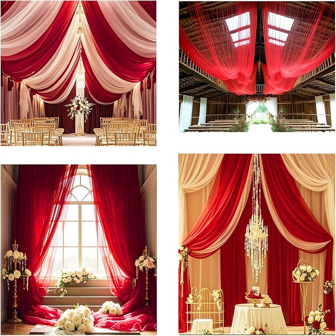 DUOBAO Dark Red Wedding Ceiling Drapes 30ft Sheer Chiffon Backdrop Curtains, Red Arch Draping Fabric for Wedding Ceremony Reception Ceiling Decor Party Event Decoration, 6 Panels 5x30ft