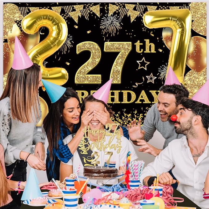 27th Birthday Decorations Men Women with 27th Birthday Banner, Black and Gold Table Cloth, Number Balloons, Large Sash, Cake Topper and Candles