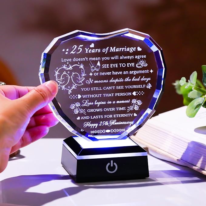 Arikyrist 25th Wedding Anniversary Crystal Heart Gifts for Couple, Laser Engraved 25 Year Anniversary Crystal Gifts for Wife Husband Parents, Romantic 25 Years of Marriage Gift for Him Her Friends