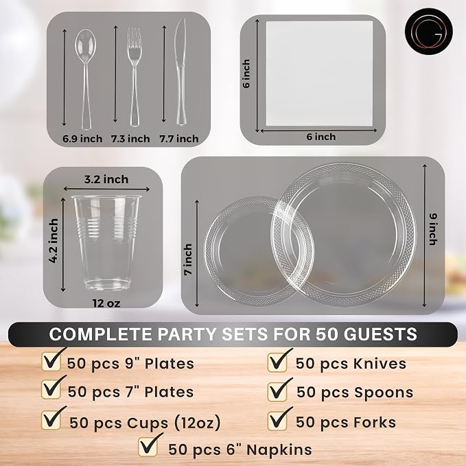 Grandipity 350 Piece Clear Disposable Dinnerware Set, Includes 50 of Each: 9" Dinner Plates, 7" Dessert Plates, 12oz Cups, Paper Napkins, Forks, Knives & Spoons