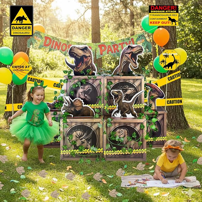Dinosaur Party Decorations Set – 6 Dino Boxes with 3D Toppers, 4 Signs, 2 Vines, Caution Tape & 40 Footprint Stickers – Dino Birthday Supplies, Baby Shower & Jurassic Room Decor
