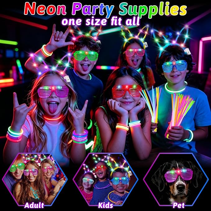 156Pcs Glow In The Dark Party Supplies for Kids/Adults, 4th of July Light Up Accessories LED Bracelet Necklaces Glasses Headband Glow Sticks Bulk Party Pack Neon Disco Birthday Pool Party Decorations