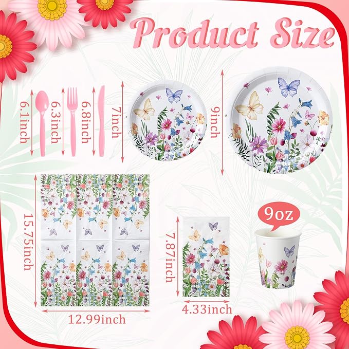 Sinmoe 400 Pcs Spring Wildflower Plates and Napkins Set Paper Flower Dinnerware Disposable Party Supplies for 50 Guest Floral Dinnerware Knife Fork Spoon for Spring Birthday Baby Shower Wedding Party