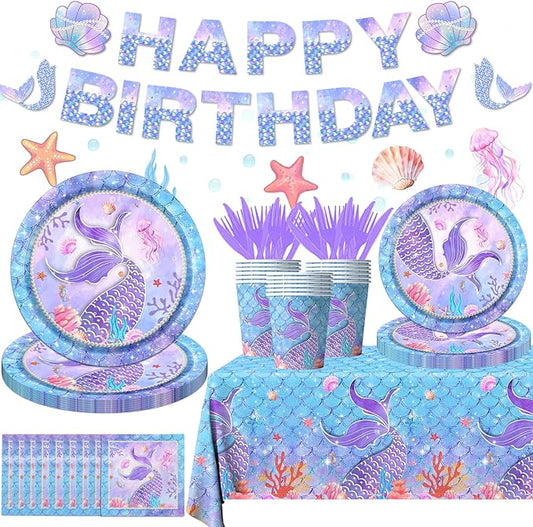 177Pcs Mermaid Birthday Decorations Mermaid Party Tableware Supplies Disposable Plates,Napkins,Tablecloth,Cups,Banner for mermaid Baby Shower Ocean Theme Birthday Decor,Serves 25