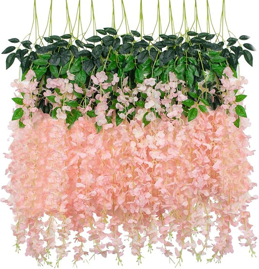 36 Pack Artificial Wisteria Hanging Flowers Fake Wisteria Flower Garland Silk Vines Rattan Decor for Home Wedding Arch Wall Garden Greenery Bedroom Outdoor Office Party Decoration (Light Pink)
