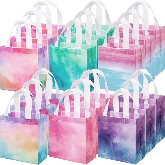 Wesnoy 18 Pcs Tie Dye Woven Gift Bags with Handles Reusable Party Favor Goodie Bags Bulk, Spring Rainbow Color Tote for Women Wedding Birthday Bridal Shower Decoration