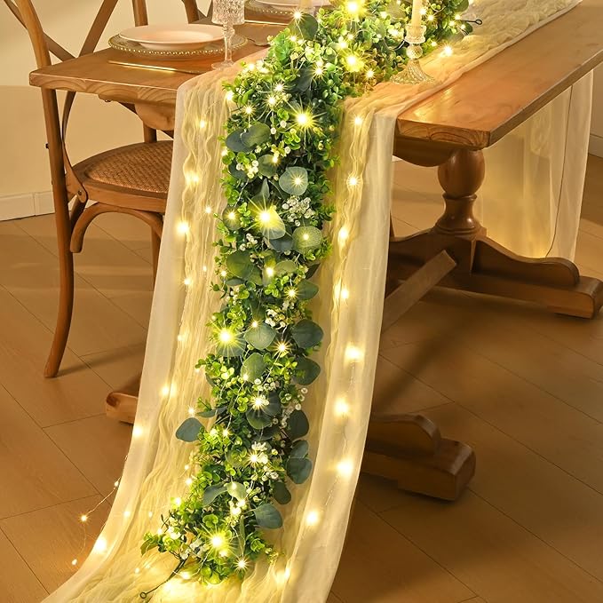 8Pcs Eucalyptus Garland with Lights, Greenery Garland, Green Garland with Flowers, 5.9FT Artificial Faux Eucalyptus Leaves Vines for Table Mantle Home Wedding Party Indoor Outdoor Decor（2 Long Lights）