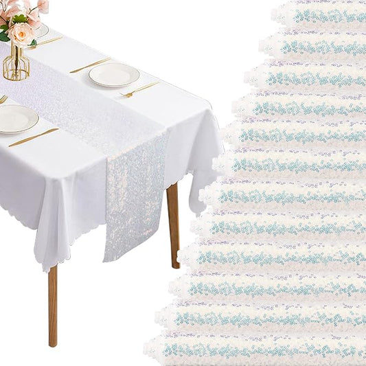 12 Packs Sequin Table Runner Glitter Dining Table Runner for Birthday Wedding Engagement Bridal Baby Shower Bachelorette Holiday Celebration Party Supplies Decorations (12" x 108", White Iridescent)