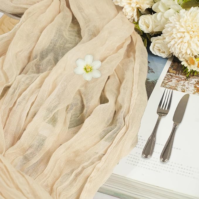 16 Pack Cheesecloth Table Runners 20" x 120", Boho Gauze Table Decor for Wedding, Bridal Shower, Birthday Party, Long Romantic Runner(Beige)