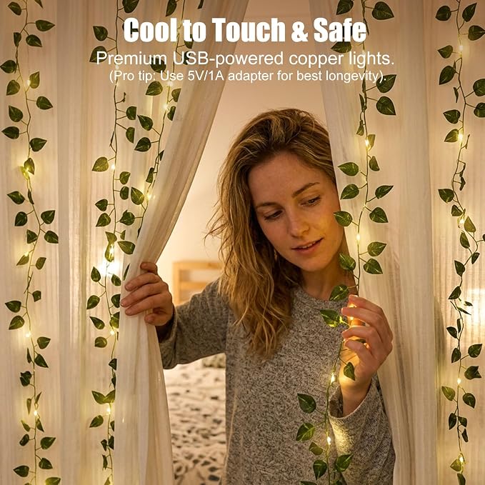 Bexdir 200 LED Vine Lights for Bedroom Decoration, 6.6x6.6ft Pre-assembled Hanging Fake Vines with Fairy Lights Plug in, Aesthetic Artificial Pothos Curtain Lights for Room Wall Decor, Remote Included
