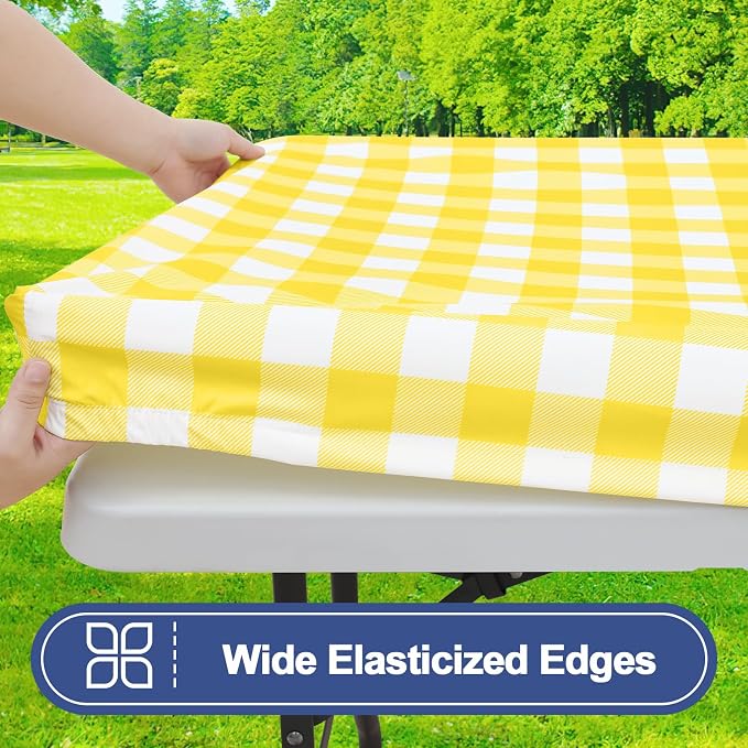Smiry Picnic Table Cloth 6 Pack, Waterproof Elastic Fitted Tablecloths for 4FT Rectangle Tables, Washable Polyester Buffalo Plaid Tablecloth for Camping, Dining & Outdoor (Yellow & White, 30" x 48")