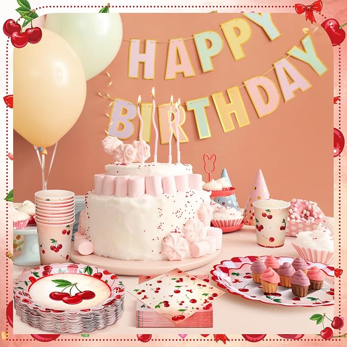 Domensi 250 Pcs Baby Shower Decorations for Girls Cherry Bridal Shower Party Supplies Paper Plates Napkins Cups Tableware Set for 50 Guests She's the Cherry on Top Birthday Party Supplies for Wedding