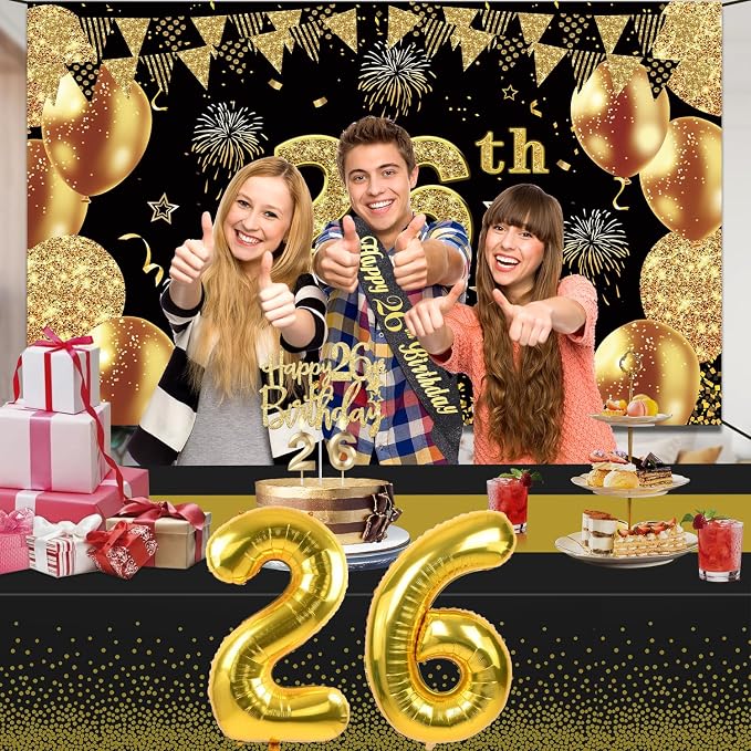 26th Birthday Decorations Men Women with 26th Birthday Banner, Black and Gold Table Cloth, Number Balloons, Large Sash, Cake Topper and Candles