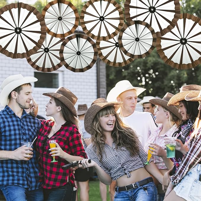 Outus 18 Pcs Western Cowboy Party Decorations Paper Fans Wagon Wheels Straw Hay Bales Hanging Ceiling Wall Decor for Country Western Themed Rodeo Farm Birthday Party Supplies (Wagon Wheels)