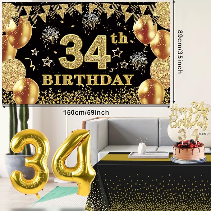 34th Birthday Decorations Men Women with 34th Birthday Banner, Black and Gold Table Cloth, Number Balloons, Large Sash, Cake Topper and Candles