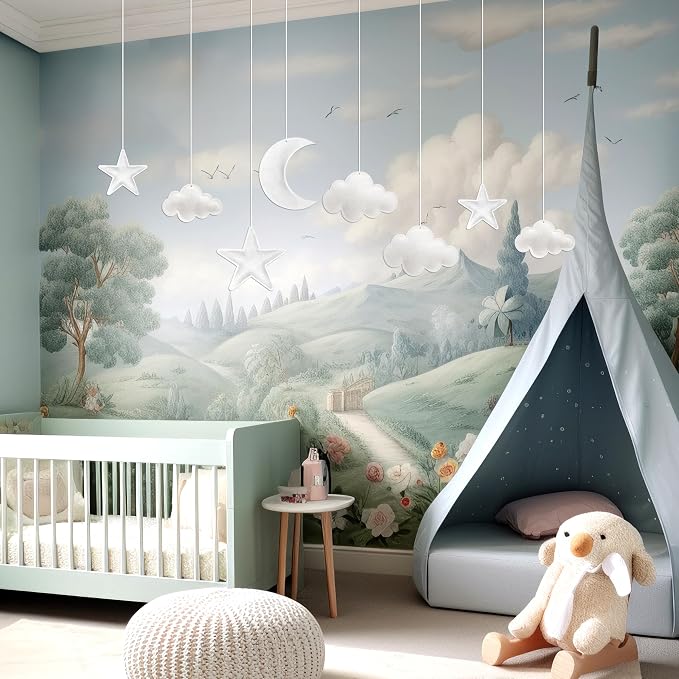 Ayfjovs 8pcs 3D Hanging Cloud Set with Moon and Stars for Ceiling Decor, Felt Artificial Ceiling Clouds for Art Stage Wedding Nursery Children Room Party Baby Shower Cloud Props