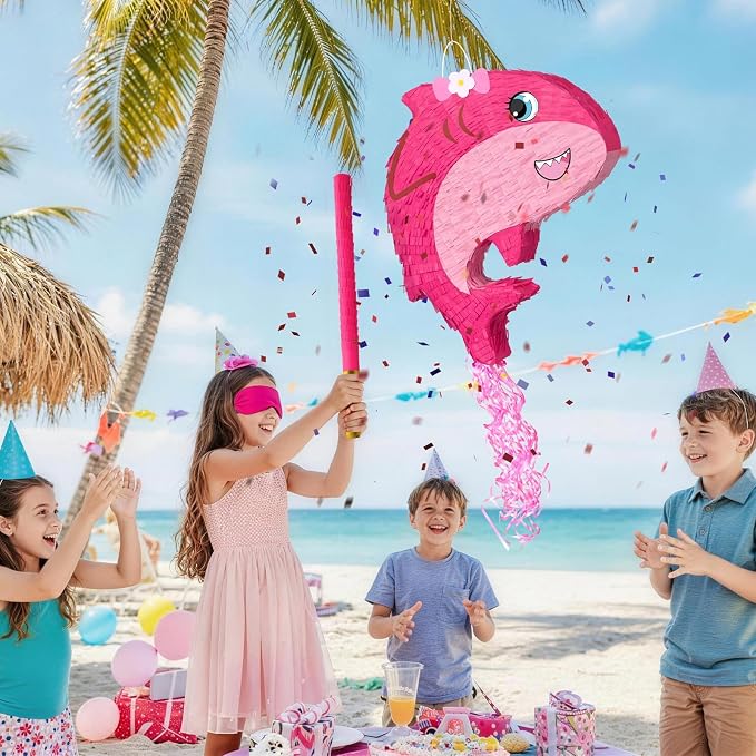 WERNNSAI Pink Shark Piñata - Girl Shark Party Piñata Game Ocean Birthday Decor Baby Shower Party Favors Under the Sea Classroom Decor Home Family Fun with Blindfold Bat