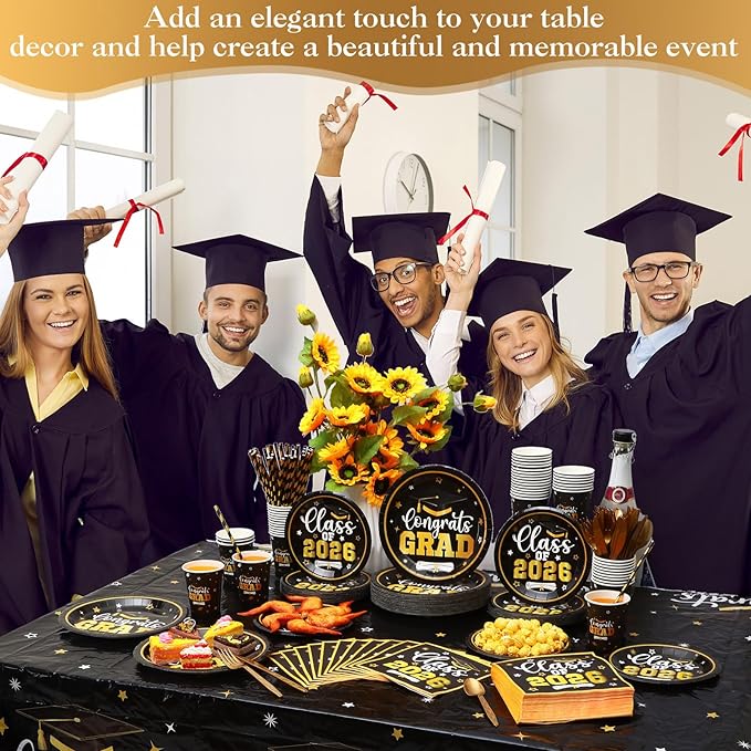 Funnymoom 452 Pcs Class of 2026 Graduation Party Decorations Supplies Include Black and Gold Graduation Paper Plates Napkins Cups Tablecloth Cutlery Straws for Congrats Grad Party