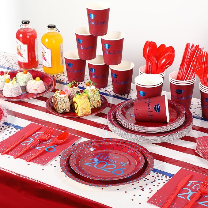 350pcs Class of 2026 Graduation Plates and Napkins Set, Disposable Paper Plate Set Polka Dots Plates Napkins Cups Knife Fork Spoon for Graduation Party Decorations and Supplies,Serve 50 (Red Blue）