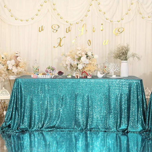 Juya Delight 60" x 102" Teal Sequin Rectangle Tablecloth for Wedding Birthday Party Festival Ceremony Cake Dessert Table