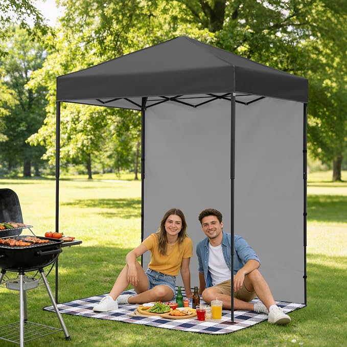 6x4 Pop Up Canopy Tent with One Wall Panel, Instant Portable Beach Canopy, Outdoor Tent with Carry Bag for Camping, Sports, Tailgating, Events, Dark Gray