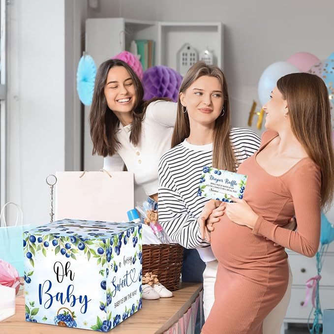 Teling 51 Pieces Diaper Raffle Tickets with Card Box Baby Shower Decorations Gender Reveal Holder Box for Girl Boy Diaper Raffle Party(A Berry Sweet Baby is on the Way)