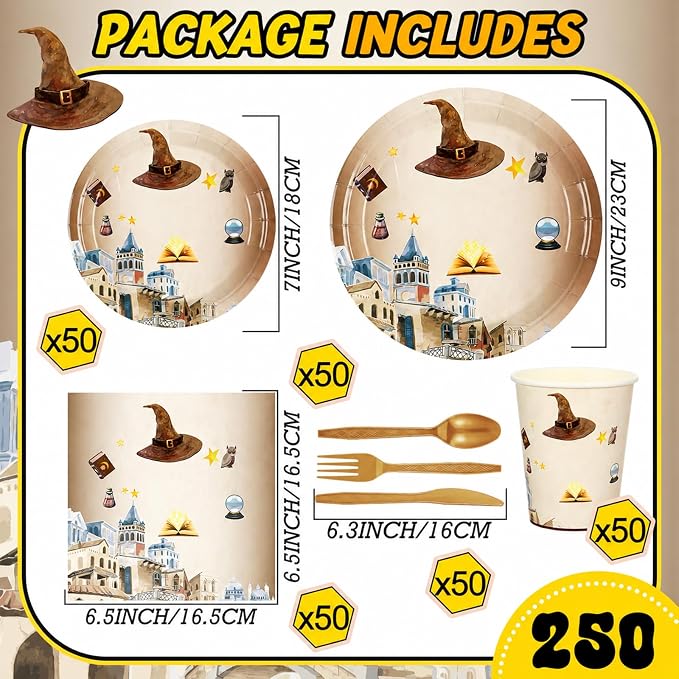 350 Pcs Magical Wizard Party Decorations Supplies A Magical Bundle Is On The Way Tableware Set Disposable Plates Cups Napkins Cutlery for Birthday Shower Wizard Party, Serve 50