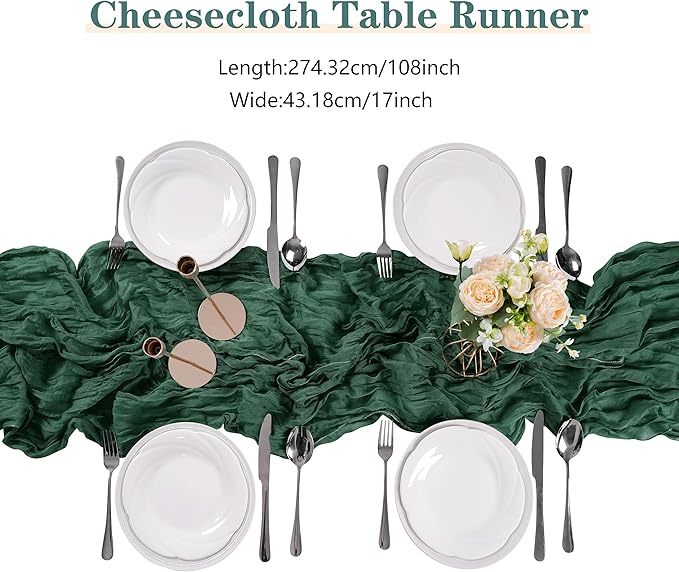30 Pieces Emerald Green Cheesecloth Table Runner, 17x108 Inch Long Boho Gauze Table Runner Rustic Decorations for Wedding Birthday Holiday Party Baby Shower Table Decor