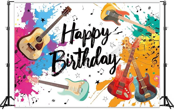 Guitar Happy Birthday Backdrop Music Themed Cool Watercolor Blue and Red Musical Notes Bday Party for Kids Photography Background Decoration Colorful Modern Fabric Photo Shoot Studio Props
