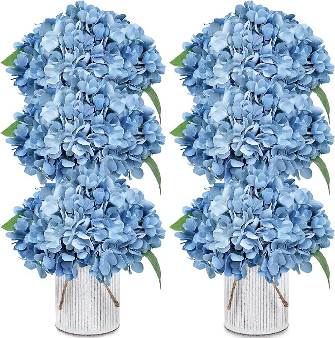 Set of 6 Artificial Flower Table Centerpieces - Dusty Blue Fake Hydrangeas Floral Arrangement with Rustic Metal Vase for Baby Bridal Shower Birthday Party Event Decorations