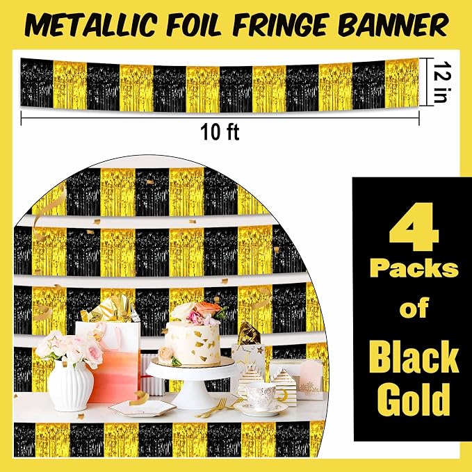 4 Pack 10 Ft Black and Gold Foil Fringe Garland Metallic Streamers Tinsel Banner Wall Hanging Garland Backdrop for Parade Floats, Halloween, Christmas, Thanksgiving, New Year Party Decorations