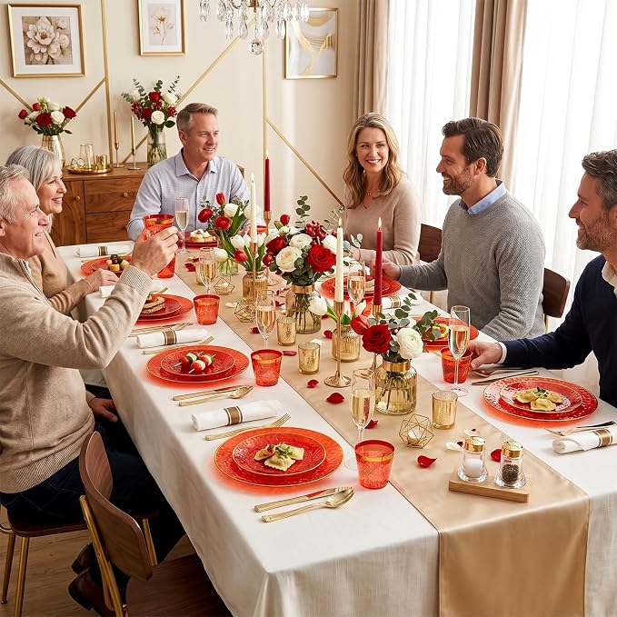 Rubtlamp 700Pcs Red Gold Plastic Dinnerware Set, Hammered Red Gold Plates, Fancy Plastic Plates Include 100 Dinner Platos, 100 Salad Platos, 100 Cups,100 Pack Pre Rolled gold plastic Silverware