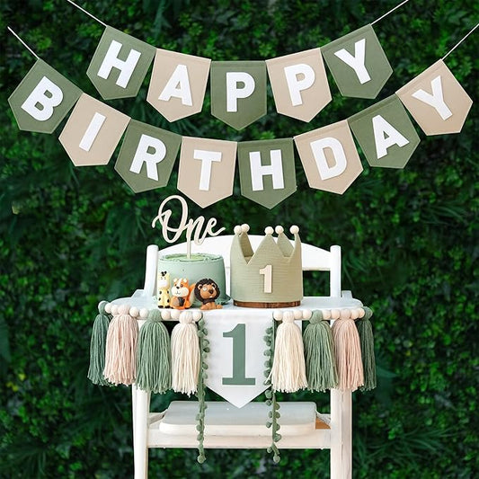 DCJHFJ Wild One High Chair Banner Felt Green Happy Birthday Banner Pre-Strung Birthday Party Decorations for 1st Birthday Decorations Boy