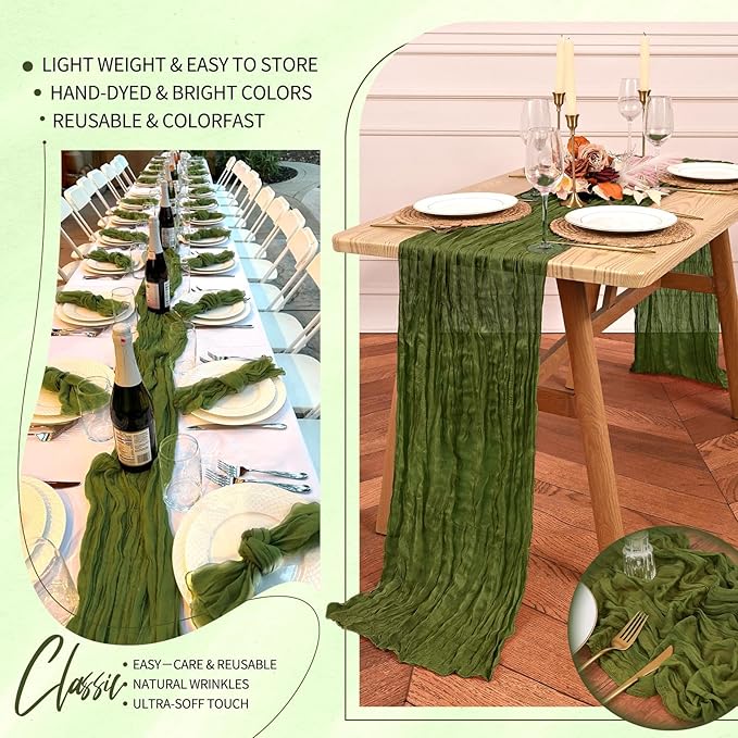 18 Pack Cheesecloth Table Runner 10FT Olive Green Table Runner Boho Gauze Cheese Cloth Table Runners Long Rustic Sheer Table Decorations for Wedding Party Baby Bridal Shower Birthday Holiday Home