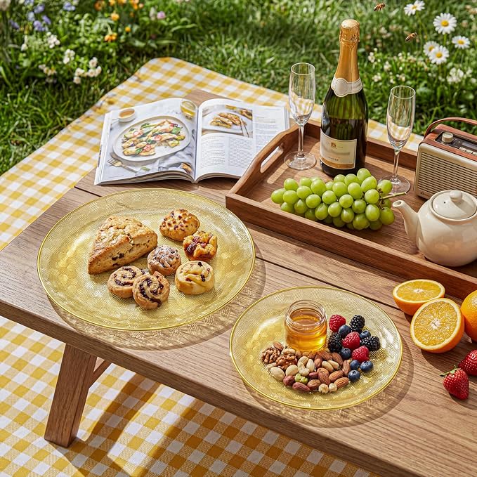 Festiva 60PCS Clear Yellow Gold Plastic Plates - Heavy Duty Fancy Disposable Plates With Gold Rim -serve for 30 guests Include 30PCS 10.25" & 30PCS 7.5" Honeycomb Design Plates for Party(Yellow)