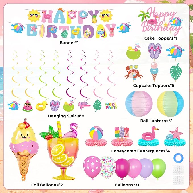 Summer Pool Beach Birthday Party Decorations, Splash Summer Backdrop Banner Hanging Swirls Honeycomb Centerpieces Cake Toppers Foil Balloons for Girls Tropical Swimming Luau Hawaiian Party Decor(Pink)