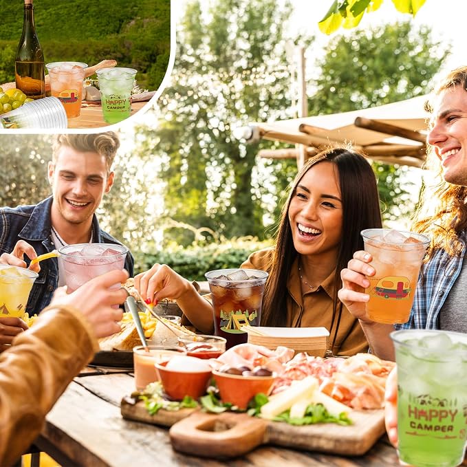 Camping Party Decorations Cups, 50 Pcs 12Oz Bulk Disposable Drinking Camping Theme Plastic Cups for BBQ Coffee Tea Beverage Backyard Birthday Shower Wedding Christmas Party Decorations Favors